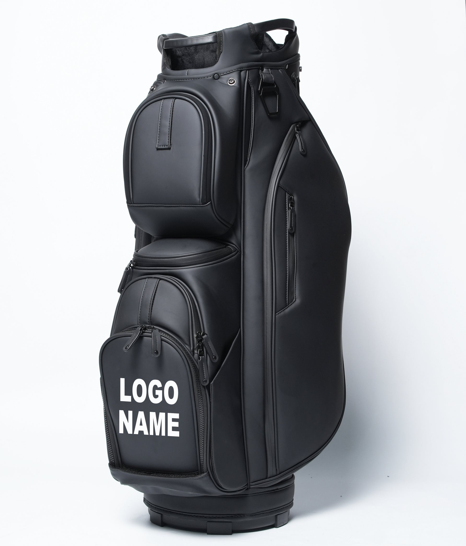 Black golf bag with 'LOGO NAME' text on a white background