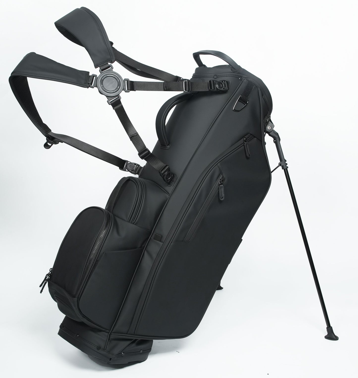 Black golf bag with stand on a white background
