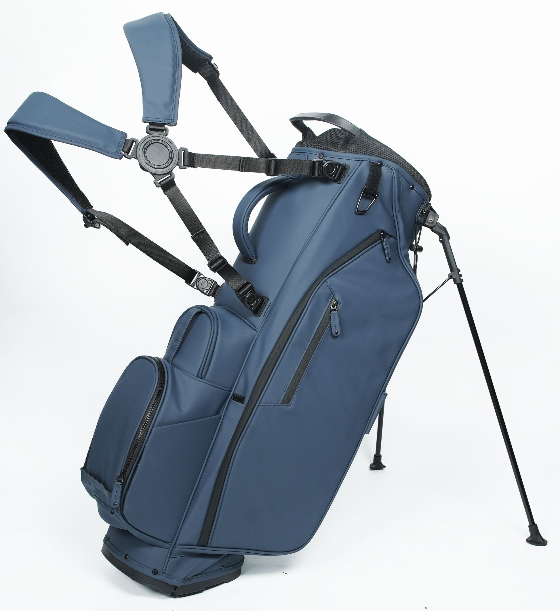 Navy golf bag with stand on a white background