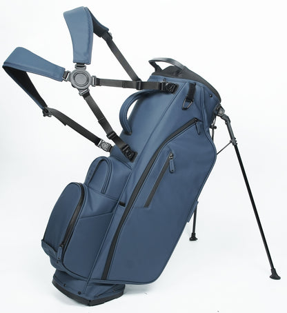 Navy golf bag with stand on a white background